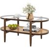 FANTASK Tavolo da soggiorno con piano in vetro e ripiano in rattan, tavolino da caffè con gambe in legno, per soggiorno 102 x 56 47 cm