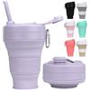 MORAINJAY 600ml Tazza Pieghevole Silicone,Viola Tazza da Caffè Portatile con Coperchio e Cannuccia,Bicchiere Campeggio Viaggio,Sigillato,Riutilizzabile,Lavastoviglie(Pieghevole Fino a 7cm)
