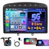 Hikity 8 Core 4G+64G Hikity Android 15 Autoradio per Peugeot 308, 408 2007-2015 con Wireless Carplay Android Auto, 9 Pollici IPS Touch Screen con Navigatore GPS Bluetooth WiFi FM/RDS DSP Retrocamera
