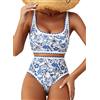Herseas Set Bikini da Donna con Stampa Floreale a Punto Frusta 2 Pezzi Costumi da Bagno a Vita Alta Scoop Costumi da Bagno, Blu, S
