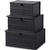 Honygebia Cestino Portaoggetti con Coperchio - Nero Bambù Decorative Scatola Porta Oggetti, Set di 3 Cesto Vimini con Rivestimento in Tessuto Intrecciato per Cucina Bagno Salotto Organizer