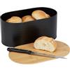 Relaxdays Portapane, bambù e acciaio, coperchio come tagliere, HLP: 15,5 x 34 x 18,5 cm, scatola porta pane, nero