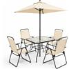 BAKAJI Set da Pranzo 6 Pezzi per Giardino Patio con Ombrellone 4 Sedie Pieghevoli Beige
