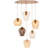 Illuminando PAGODA SOSPENSIONE 6 LUCI CON SFERE IN VETRO AMBRA,TRASPARENTI E FUME E BASE IN METALLO ORO LAMPADINE ATTACCO E27