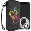 kwmobile Custodia in feltro con zip per Smartphone XL - 6,7/6,8 - Astuccio portacellulare a sacchetto con cerniera e ricamo - Borsa Cuore Metallico fucsia/arancione/grigio scuro