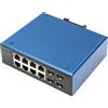 DIGITUS Switch di Rete Poe - 12 Porte Gigabit Ethernet - 8X RJ45 + 4X SFP - IP40-10/100/1000 Mbit/s - Montaggio su Guida DIN - Serie Industriale - Nero/Blu