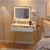 GarveeHome Tavolo da trucco con specchio a LED e presa, 3 toni regolabili, tavolo da trucco in legno con 2 cassetti e 3 ripiani aperti, mobile per trucco scandinavo per camera da letto, guardaroba (132 x 80 x 35