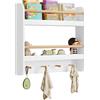 WOLTU Libreria per Bambini da Parete, Porta Libri a 2 Ripiani, Scaffale Libri e Giocattoli con 4 Ganci, in MDF e Legno Massello, Bianco, 60x12x55cm