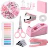Swpeet Kit di forniture per ufficio rosa, 9 pezzi, accessori da scrivania tra cui cucitrice, dispenser per nastro, levapunti, linguette, forbici, graffette, nastro, clip e foglietti adesivi, ideale