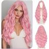 Sofeiyan Parrucca con Lunghi Ondulati,70 cm Rosa Barbie Parrucche Sintetiche Naturale per Donne,Frangia con Riga Centrale e Dettaglio in Pizzo,per Quotidiano,Feste,Cosplay