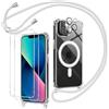 Olgary Magnetica Cover con Cordino per iPhone 13 con 2 Vetro Temperato e 2 Vetro Fotocamera, Trasparente Ultra Sottile Silicone Antiurto Protettiva Custodia con Regolabile Laccio Collana, Grigio