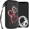kwmobile Custodia in feltro con zip per Smartphone XL - 6,7/6,8 - Astuccio portacellulare a sacchetto con cerniera e ricamo - Borsa Cuore Metallico rosa antico/rosa/grigio scuro