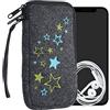 kwmobile Custodia in feltro con zip per Smartphone XL - 6,7/6,8 - Astuccio portacellulare a sacchetto con cerniera e ricamo - Borsa Stellare verde chiaro/blu/grigio scuro