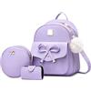 FOLOVEYA Zaino da Donna Antifurto Zainetto Piccolo in Pelle PU Borsa Zaini Ragazza con Cute Bowknot Borse a Tracolla Set 3 Pezzi con Portafoglio per Viaggio Lavoro Ufficio Viola