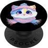 Whimsical Pastel Cold Weather Feline Gra Gattino sorridente Inverno Carino Gatto Ritratto Grafico Blu Pom PopSockets PopGrip Adesivo