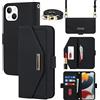Cavor Cover Compatibile con iPhone 13 con Cordino,Flip Portafoglio Custodia Pelle,[Specchio][5 Porta Carte][Magnetico],Custodia Cover con Laccio Compatibile con iPhone 13 - Nero