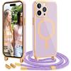Wirvyuer Magnetica per iPhone 14 Pro Max Cover con Cordino,Lavanda | Compatibile con MagSafe,Cover con Collana Regolabile,Protezione Fotocamera,Galvanico Morbido Silicone Case con Tracolla