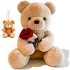 JhavexToy ThrenodyToy Orso di Peluche Beige con Rosa Rossa & Portachiavi Mini Orso - Peluche Morbida Decorazione Camera, Mamma, Amica, Compleanno & San Valentino (Beige)