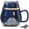 DEARART Bella tazza da tè con infusore e coperchio, tazza da infusore da 300ml facile da pulire Mantieni il tè caldo, tè a foglia sciolta ripida, caffè, latte, gatto carino, blu scuro