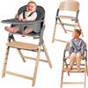 LIONELO Seggiolone Pappa in Legno Megan, Cresce con il Bambino da 6 Mesi a 110 kg, Poggiapiedi regolabile, Cinture di sicurezza a 5 punti, Cuscino per Seduta, Pulizia facile (Legno Grigio)