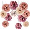 CC wonderland zone Decorazione per matrimonio, 12 pezzi in rose gold, bordeaux, rosa, pon pon in carta velina, pon pon dorati con punto bianco, ideali per decorazioni di feste