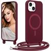 Coiwxmoi Magnetica Cover per iPhone 15 Plus con Cordino Regolabile, [Compatibile con MagSafe] Custodia con Collana Tracolla Laccio Collo Liquido TPU Silicone Lanyard Antiurto Case, Rosso Vino