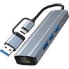 Omivine Adattatore Dual USB-A/C LAN con Gigabit Ethernet & 3 X USB 3.0 & Type-C Charging, adattatore Ethernet per switch, iPhone 16/15, iPad, MacBook, Surface, Dell XPS (Plug &Play)