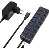 Vemont 7-Port USB 3.0 Hub, Piano chiavi di stile individuale di On/Off con 7 Indicatore LED blu 5V/2A adattatore di alimentazione (Spina europea), 1.2m via cavo per Mac OS, Windows, Linux