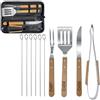 OCEANO Set Barbecue Professionale 11 Pezzi (10 Utensili + Custodia) Kit BBQ in Acciaio Inox con Manici Legno Accessori Griglia Giardino Campeggio Include Spatola Pinza Forchettone Coltello 6 Spiedini