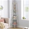 Hoctieon Scaffale d'Angolo Rustico Industriale 5 Livelli, Libreria a Scala per Soggiorno, Cucina, Ufficio Domestico, Balcone, Spazi Piccoli, Struttura in Metallo,Bianco
