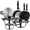 San Ignacio - Batteria da cucina 3 pezzi (1,6L, 2,3L, 3,3L) in acciaio inossidabile e Set di 3 padelle (16-20-24 cm) in alluminio pressato antiaderente, adatto a induzione