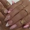 Tastetreasure 24 pezzi Press on Nails con design floreale 3D, a forma di mandorla francese, unghie artificiali, rosa, bianco, eleganti unghie in gel da incollare con perline dorate e cuscinetti