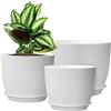 WOUSIWER Set di 3 vasi decorativi moderni in plastica con fori di drenaggio e sottovaso, per piante da appartamento, piante da interno, bianco