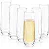 Oungy Set di 6 calici da champagne senza stelo, 280 ml, in cristallo, senza stelo, calici da prosecco, calici da vino senza stelo per giardino, matrimoni, compleanni, feste