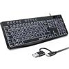 OMOTON Tastiera retroilluminata Tastiera cablata, AZERTY Bianco Retroilluminazione con grande punto di pressione, USB A/C 2 in 1 per anziani, bambini, ipovedenti per Windows con Multim