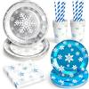 Cleboen Set Piatti Usa e Getta Neve, Bicchieri Piatti Carta Eleganti Fazzoletti Cannucce Fiocco di Neve Decorazioni Feste di Compleanno Set Compleanno Bambina Ragazzo 12 Persone