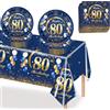 MORAINJAY 37 Pezzi Set Stoviglie Compleanno Blu Oro per 80°, 80 Anni Stoviglie per Feste Include Tovaglioli,Piatti,Tovaglia,Uomo Donna Decorazioni Festa Compleanno -16 Ospiti