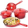 Denmay Set di pentole smaltate in ghisa - Set di 7 pezzi Forni olandesi per pane, pentola, padella, 3 coperchi, forno olandese, a gas/forno/a induzione, colore: rosso