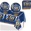 MORAINJAY 37 Pezzi Set Stoviglie Compleanno Blu Oro per 50°, 50 Anni Stoviglie per Feste Include Tovaglioli,Piatti,Tovaglia,Uomo Donna Decorazioni Festa Compleanno -16 Ospiti