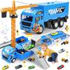 Charmofun Camion Cantiere Giocattolo per Bambini, Camion Set Veicoli da Cantiere con Musica, Luci, Doppia Pista e Torre Gru, Incluse Bulldozer, Trattore, Carrello Elevatore, Rullo, Regalo per 3+ Anni