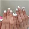 Nymora Press on Nails con Charm a Fiocco 3D - 24 Unghie Finte Bianche Autoadesive - Unghie Acriliche Quadrate per Donne e Ragazze, Set Nail Art Carino