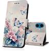 DiaryTown Cover per iPhone 16 Custodia in PU Pelle a Libro Bello Motivo Flip Caso Magnetica Portafoglio Blocco RFID Carta Slot Antiurto Protettiva Cover per iPhone 16 (Fiore Rosa Farfalla Blu)