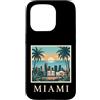 Miami Travel Art Studio Custodia per iPhone 15 Pro Miami, Florida, costiera, skyline città, retro, tramonto, spiaggia, palma