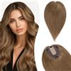 Silk-co Topper Capelli Veri Protesi Clip Extension Donna Base 10x12cm Human Hair Toupee 35cm 45g Middle Parting no Frangia Marrone Chiaro