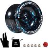 Yomega Dash Yoyo - Pro Aluminum Metal Unresponsive Yoyo with C Size Ball Bearing for Advanced yo yo Tricks+Extra 5 Strings+Glove+Bag+Die & 3 Month Warranty (Black Blue)