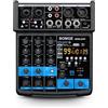 BOMGE 4-Kanal Mini-DJ-Audio-Mixer mit MP3-, USB-, Bluetooth- und Stereo-Aufnahmefunktion, 48-V-Phantomspeisung und 99 DSP für Karaoke, Performances, Kirchengesang und Podcast-Streaming