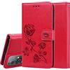 RankOne Custodia Portafoglio in Pelle per Samsung Galaxy A52 / A52 5G / A52s 5G (6.5 Inches), con Porta Carte Motivo Rosa Design Cover Folio Flip Case - Rosso