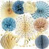 Almaxi Decorazione Compleanno, Addobbi Compleanno Blu Retrò con Happy Birthday Bandierine, Pon Pon Carta, Ventaglio di Carta per Donne Ragazza Uomini Ragazzi