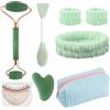 TaimeiMao 8 Pezzi Gua Sha Viso Kit, Guasha Viso Quarzo Rosa, Rullo Massaggio Viso, Pietra Gua Sha, Spazzola Detergente, Fascia, Borsa Cosmetica Rosa, Massaggiatore Viso, Regali Per Le Donne
