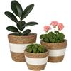 Relaxdays Vaso da Fiori, Set da 3, giunco, vasi con Fodera, 3 Dimensioni, Stile Boho, coprivaso Rotondi, Bianco/Marrone